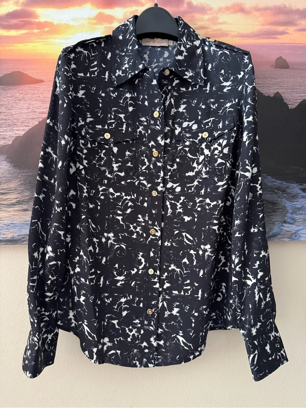 Tory Burch Black&White Printed Long Sleeve Button-Up Utility Shirt/ 4/ New